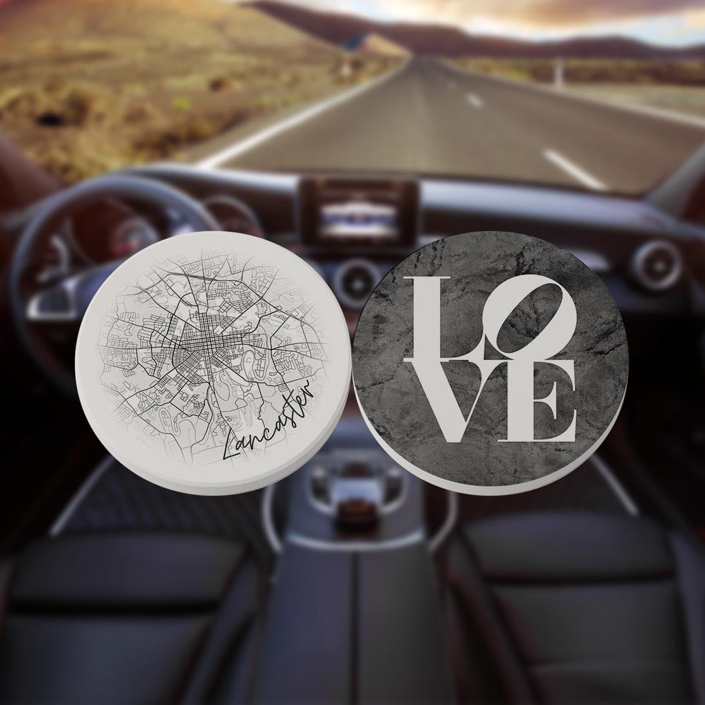 Minimalistic B&W Pennsylvania Lancaster Circle Love| Absorbent Car Coasters | Set of 2 | Min 4