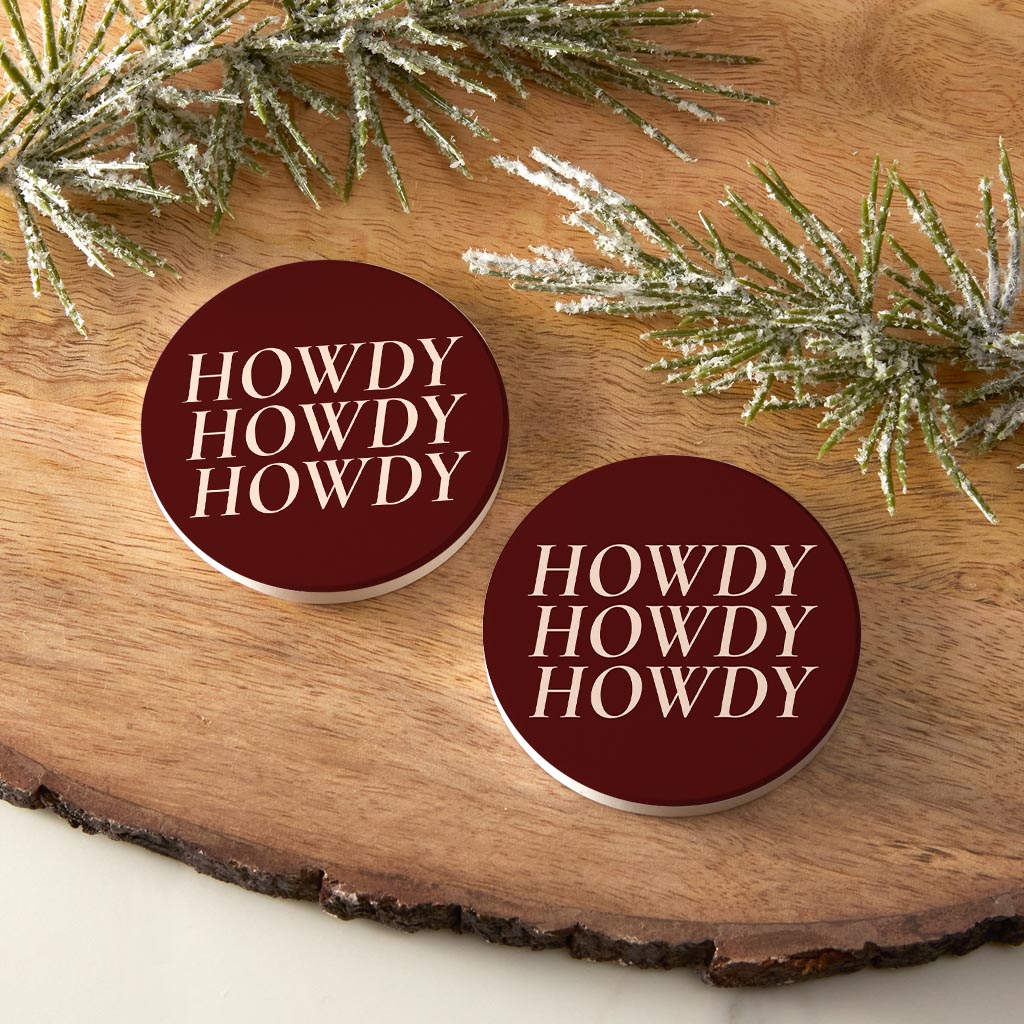 Modern Minimalist Texas Maroon Howdy | Absorbent Car Coasters | Set of 2 | Min 4