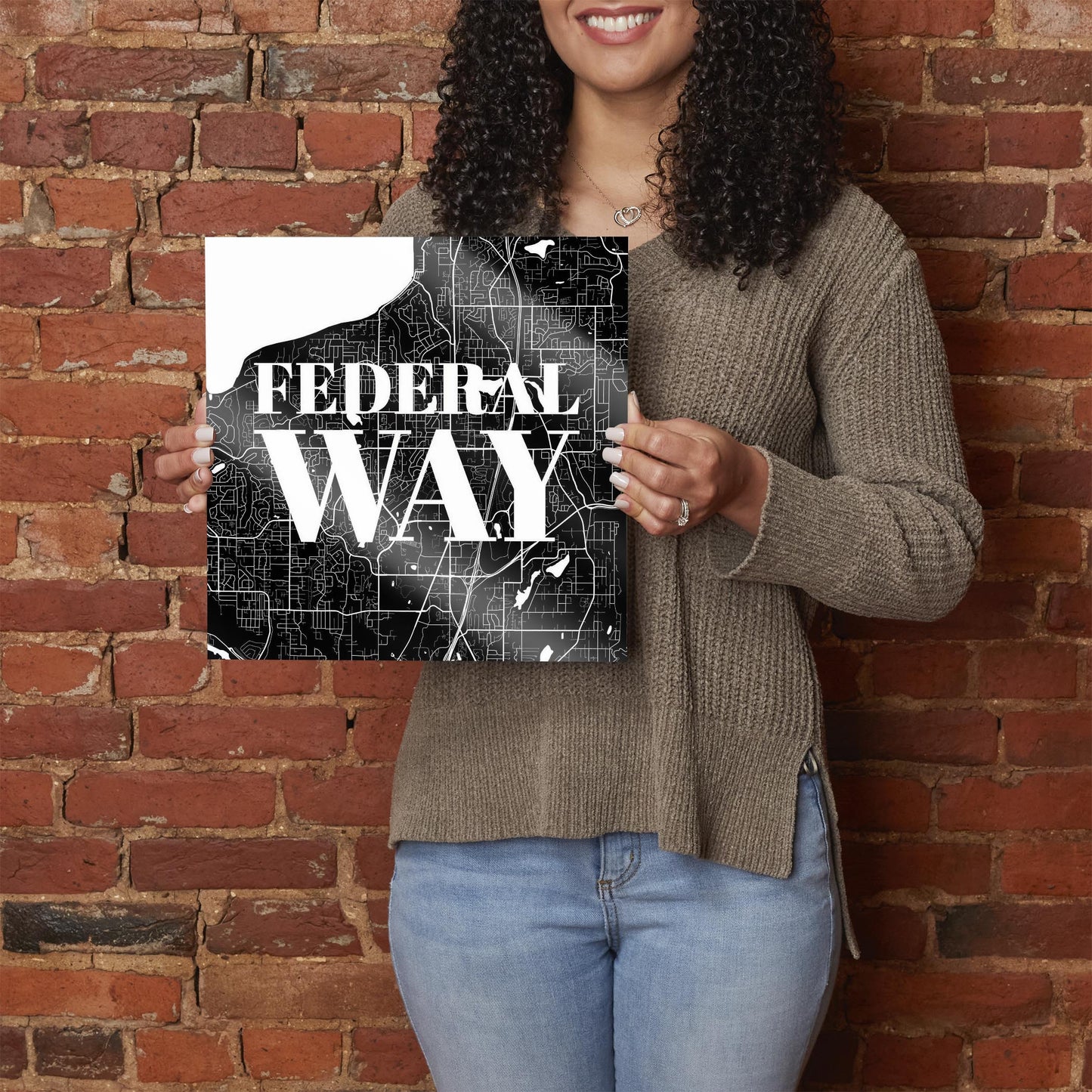 Minimalistic B&W Washington Federal Way Map | Hi-Def Glass Art | Eaches | Min 1
