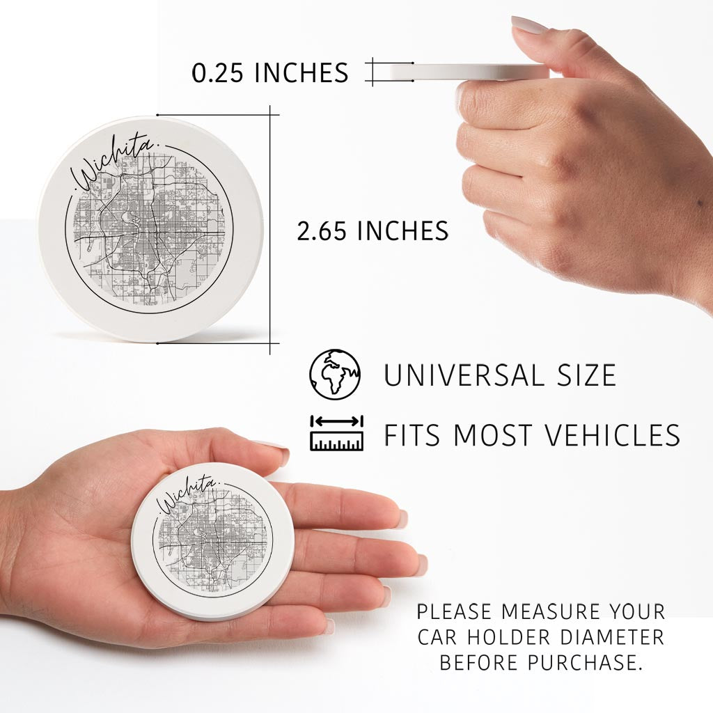 Minimalist B&W Kansas Wichita Circle Map | Absorbent Car Coasters | Set of 2 | Min 4