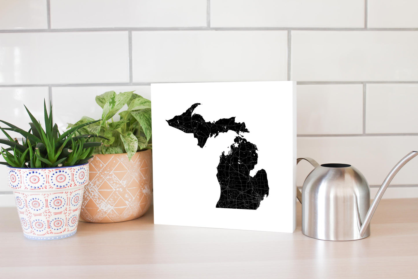 Minimalistic B&W Michigan Map Petoskey Star | Wood Block | Eaches | Min 2