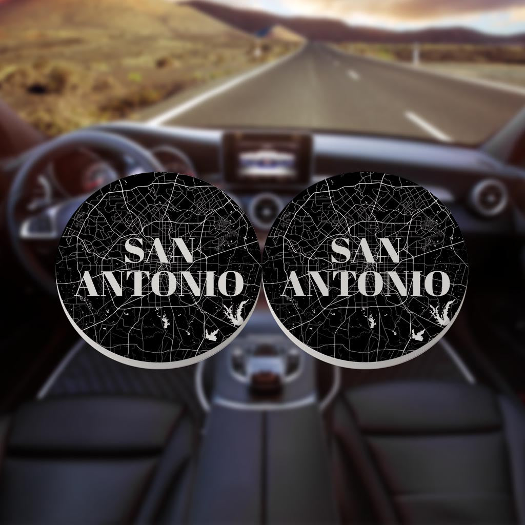 Minimalistic B&W Texas San Antonio Map | Absorbent Car Coasters | Set of 2 | Min 4