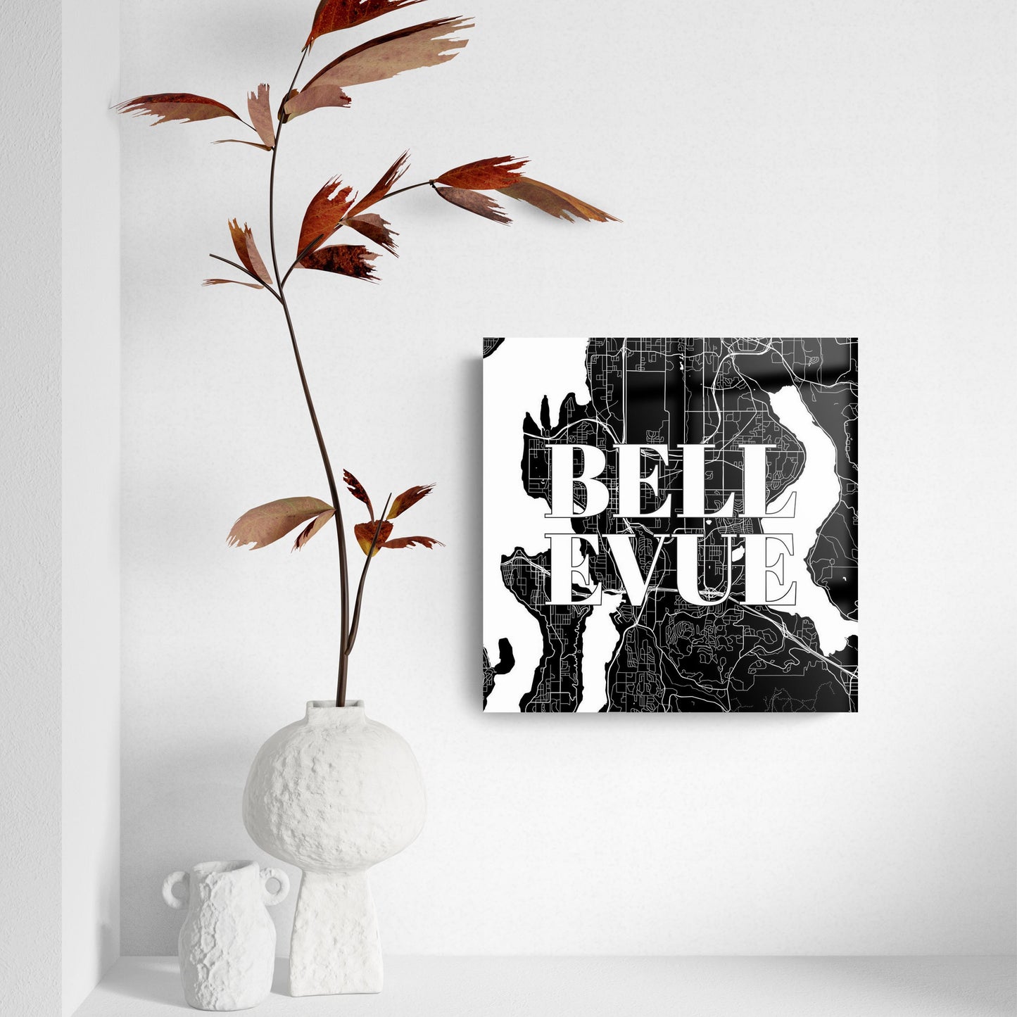 Minimalistic B&W Washington Bellevue Map | Hi-Def Glass Art | Eaches | Min 2