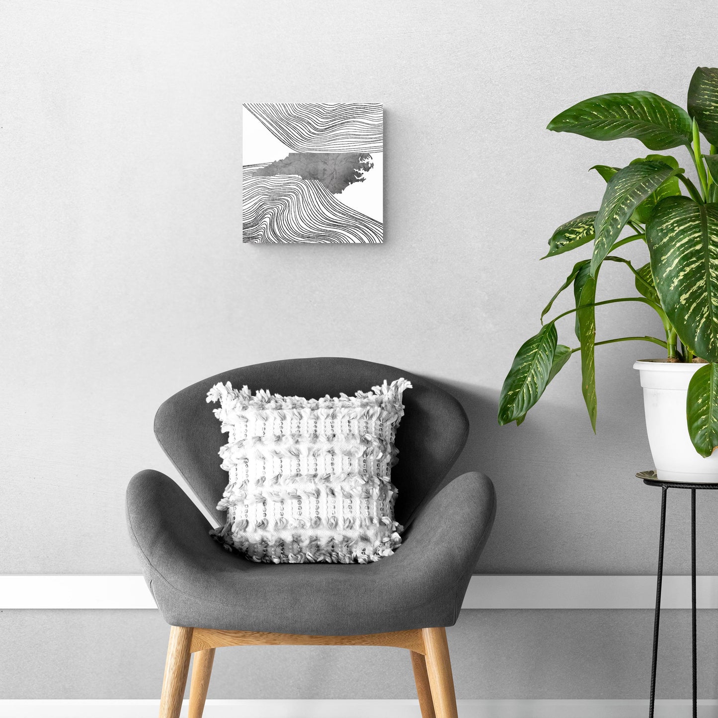 Minimalistic B&W North Carolina State With Fluid Lines | Hi-Def Glass Art | Eaches | Min 1