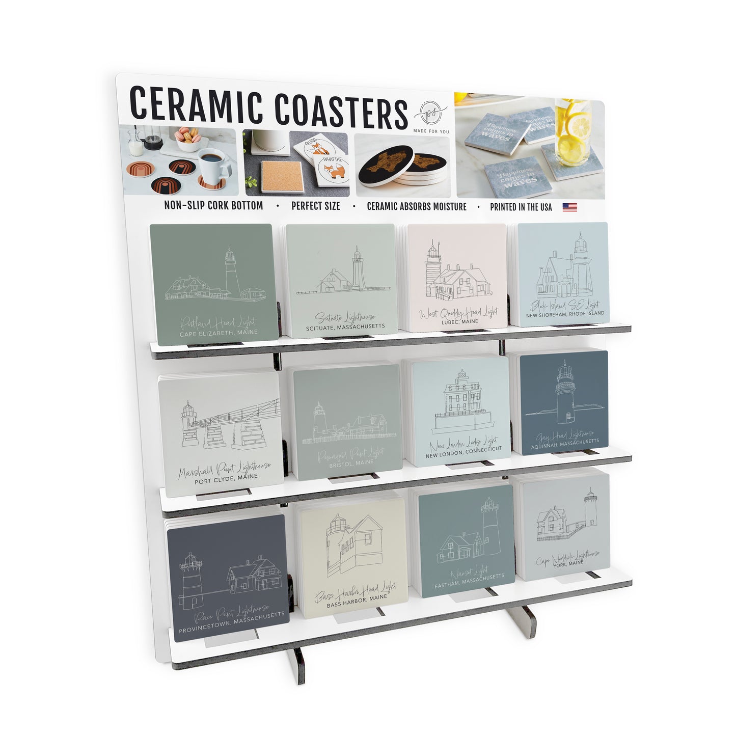 Lighthouse Line Drawing 2 Theme Square Ceramic Coaster Loaded Display POP Min of 1