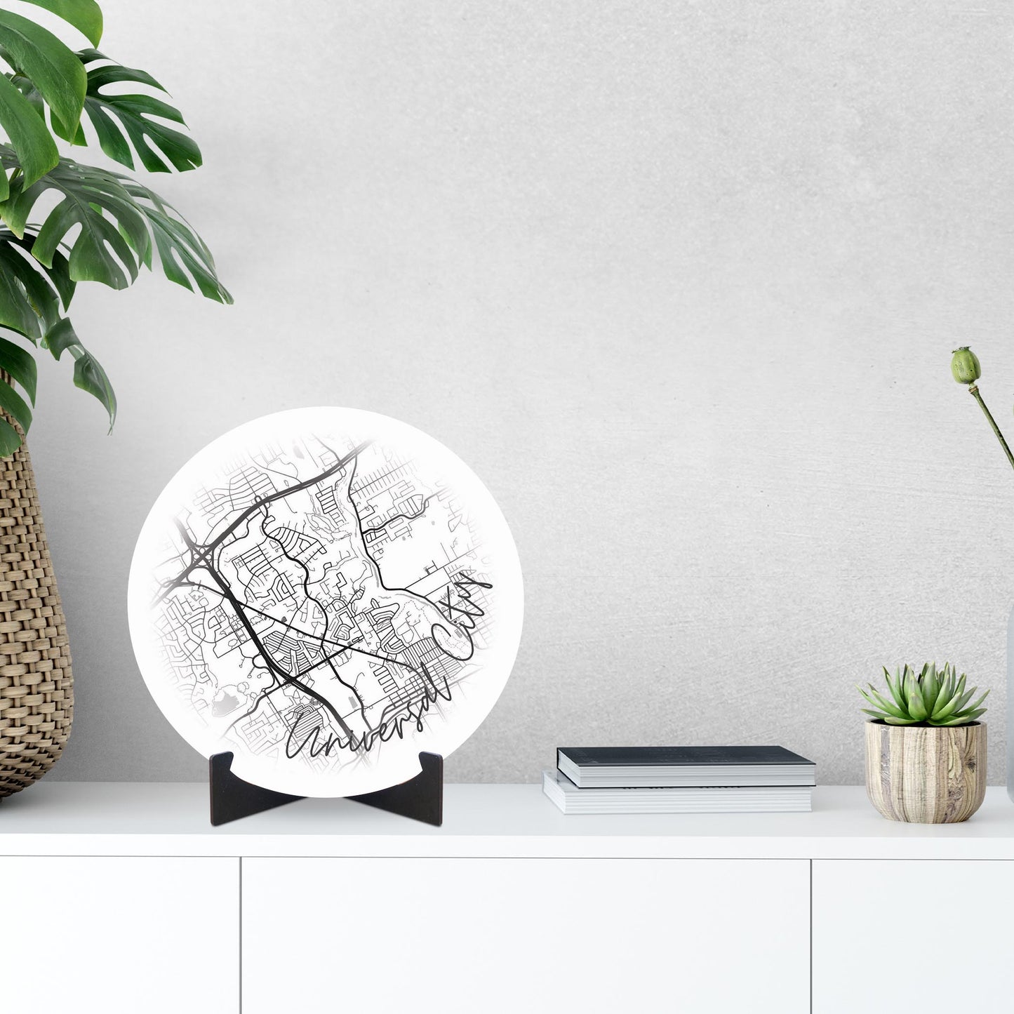 Minimalistic B&W Texas Universal City Circle Map | Wood Sign | Eaches | Min 1