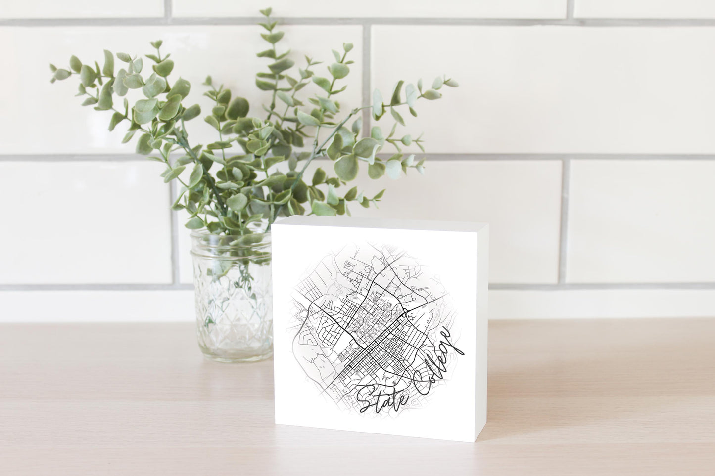 Minimalistic B&W Pennsylvania State College Circle Map | Wood Block | Eaches | Min 4