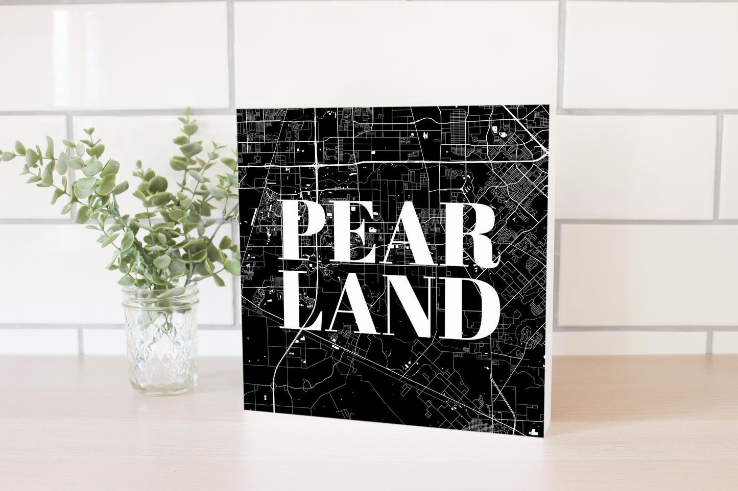 Minimalistic B&W Texas Pearland City Map | Wood Block | Eaches | Min 2