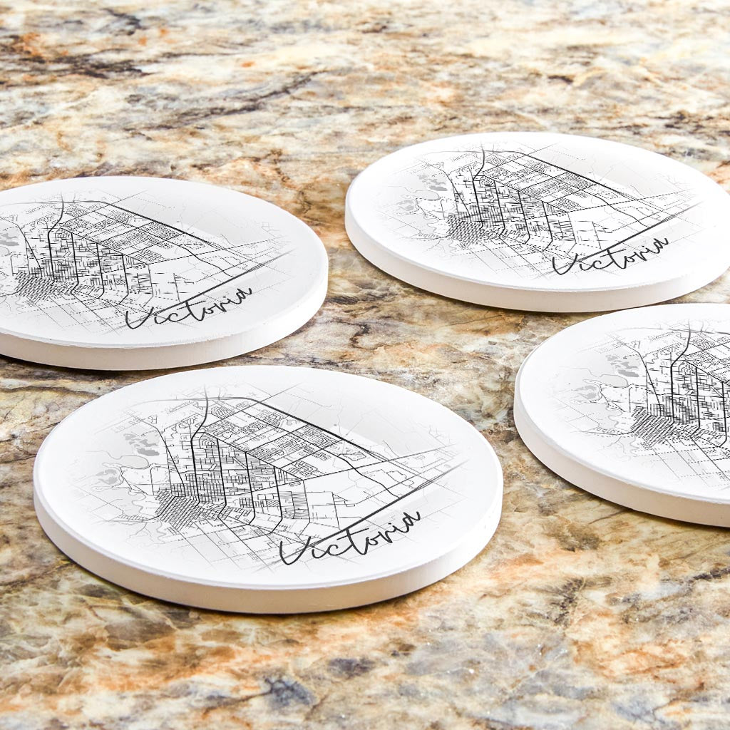 Minimalistic B&W Texas Victoria Circle Map | Absorbent Coasters | Set of 4 | Min 2