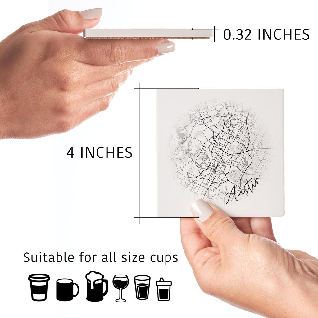 Minimalistic B&W Texas Austin Circle Map| Absorbent Coasters | Set of 4 | Min 2