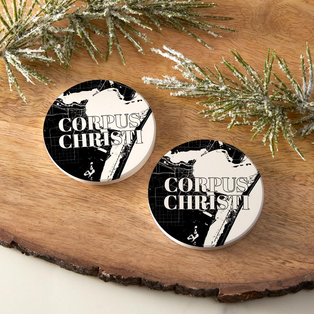 Minimalistic B&W Texas Corpus Christi Map | Absorbent Car Coasters | Set of 2 | Min 4