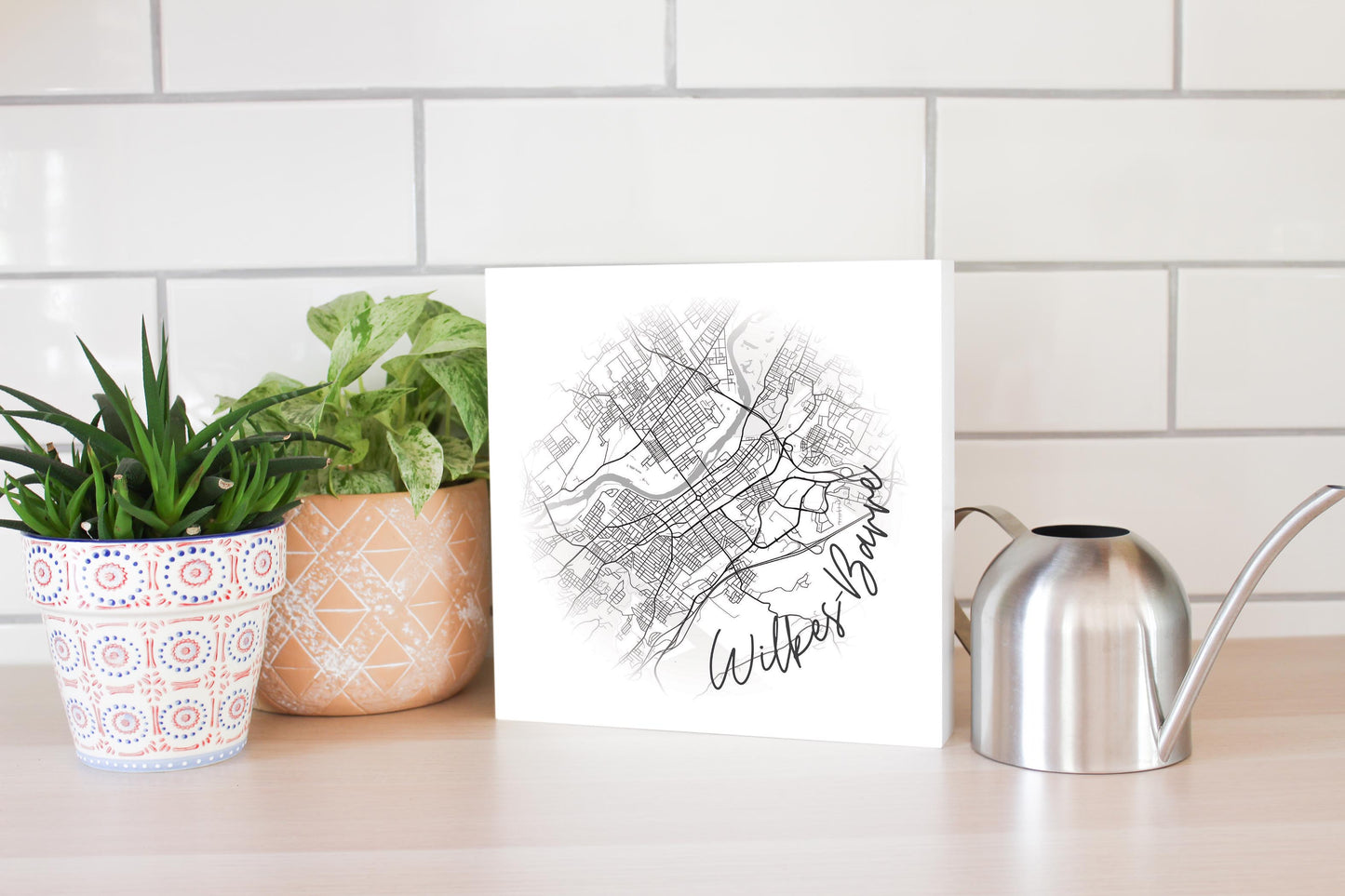 Minimalistic B&W Pennsylvania Wilkes Barre Circle Map | Wood Block | Eaches | Min 2
