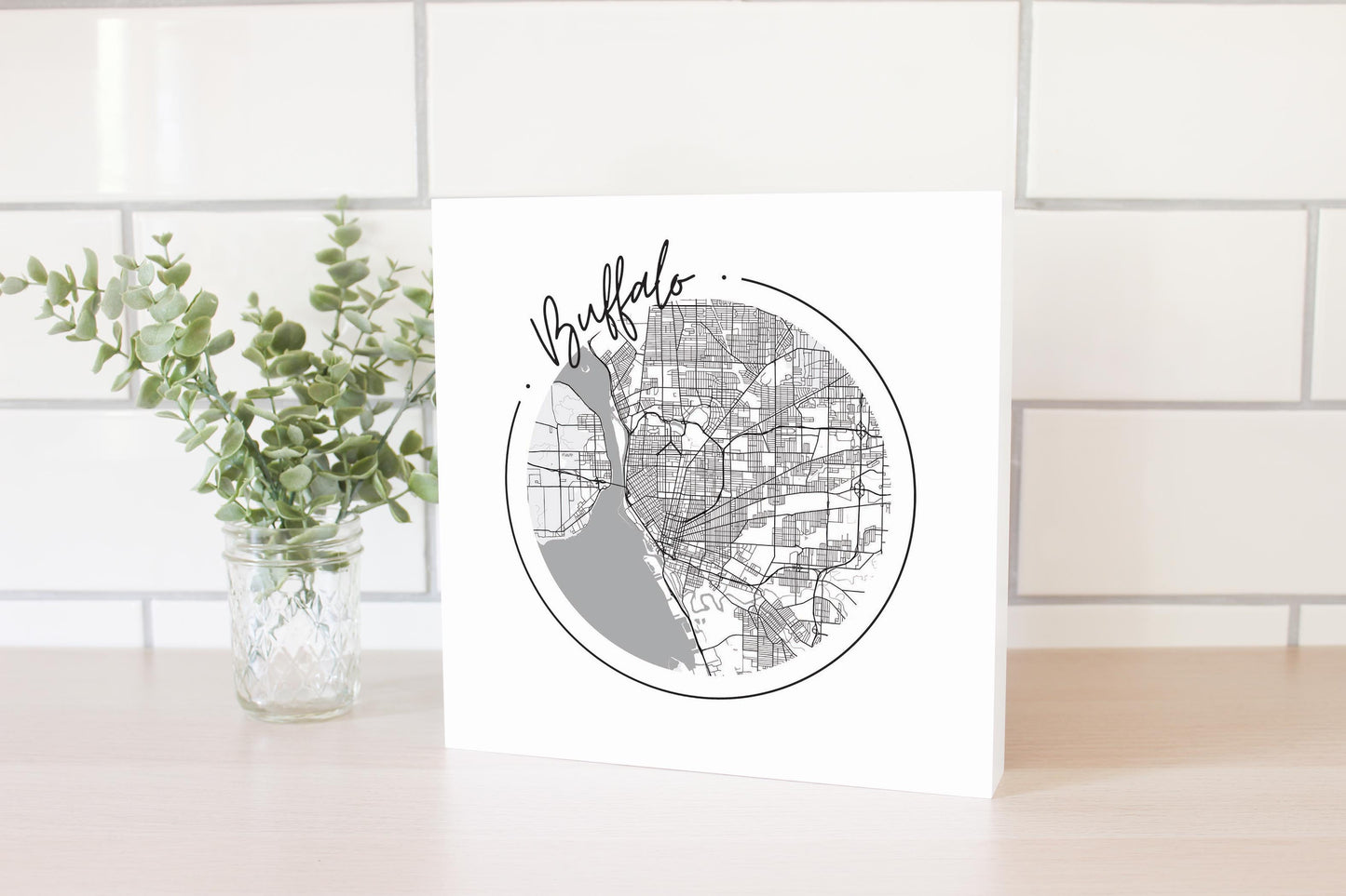 Minimalistic B&W New York Buffalo Circle Map | Wood Block | Eaches | Min 2