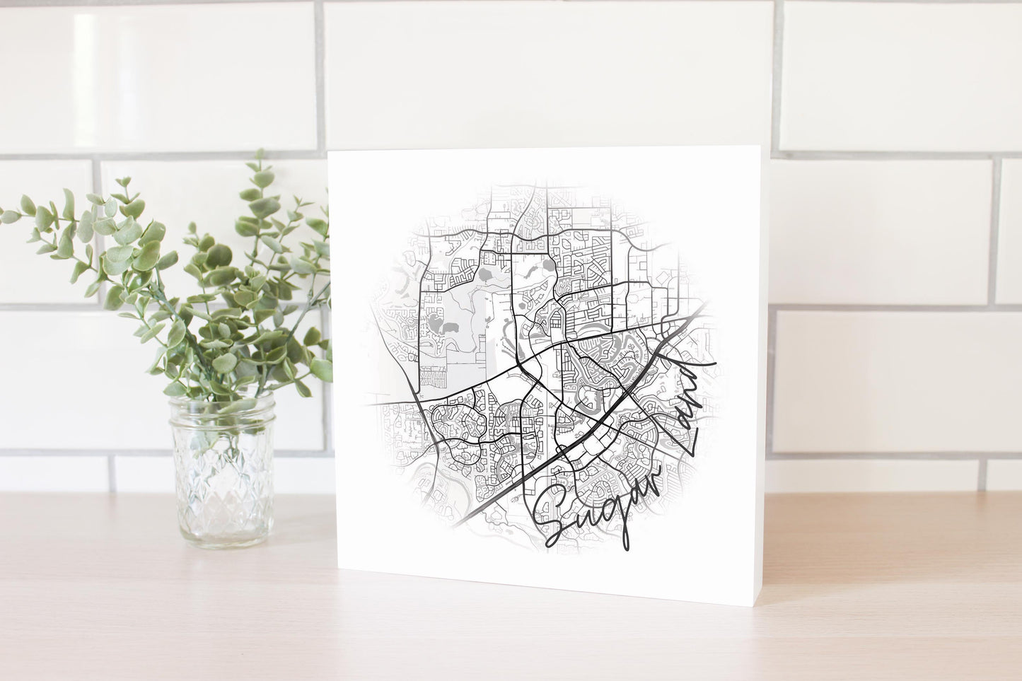 Minimalistic B&W Texas Sugarland Circle Map | Wood Block | Eaches | Min 2