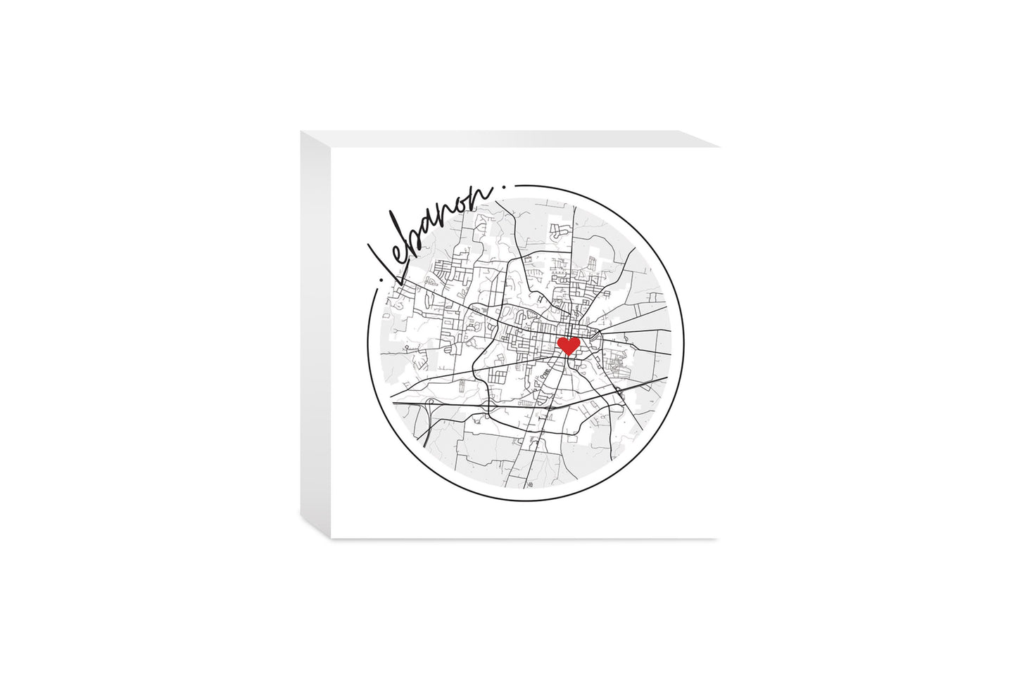 Minimalist B&W Tennessee Lebanon Circle Map Heart | Wood Block | Eaches | Min 4
