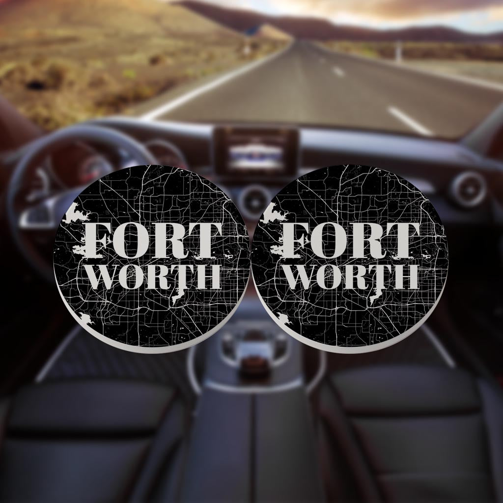 Minimalistic B&W Texas Fort Worth Map | Absorbent Car Coasters | Set of 2 | Min 4