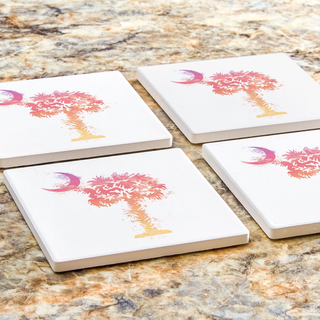 South Carolina Pink Water Color Palm Trees On White| Absorbent Coasters | Set of 4 | Min 2