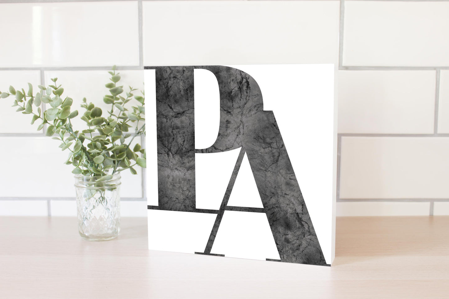 Minimalistic B&W Pennsylvania White Initials | Wood Block | Eaches | Min 2