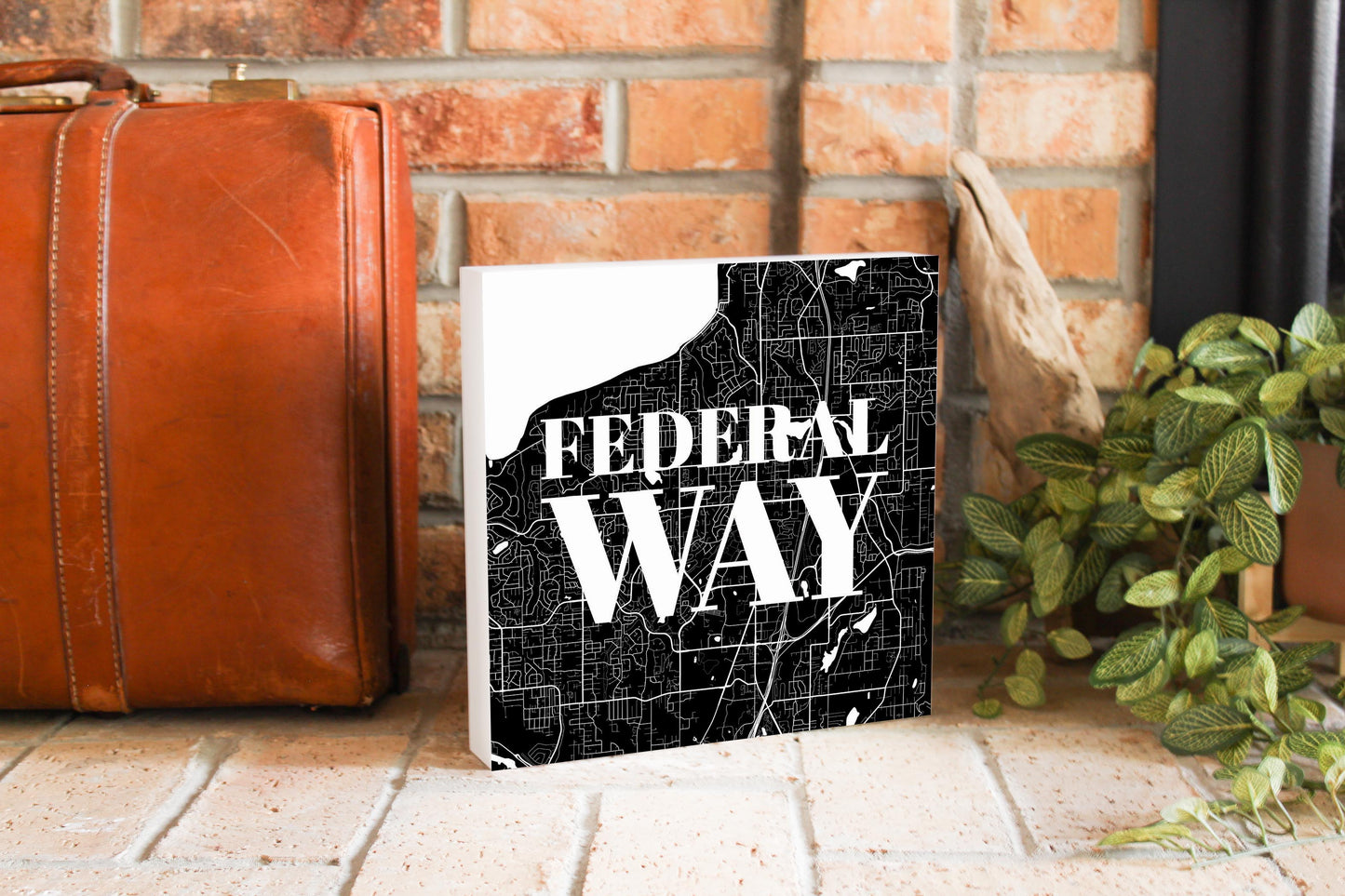 Minimalistic B&W Washington Federal Way Map | Wood Block | Eaches | Min 2