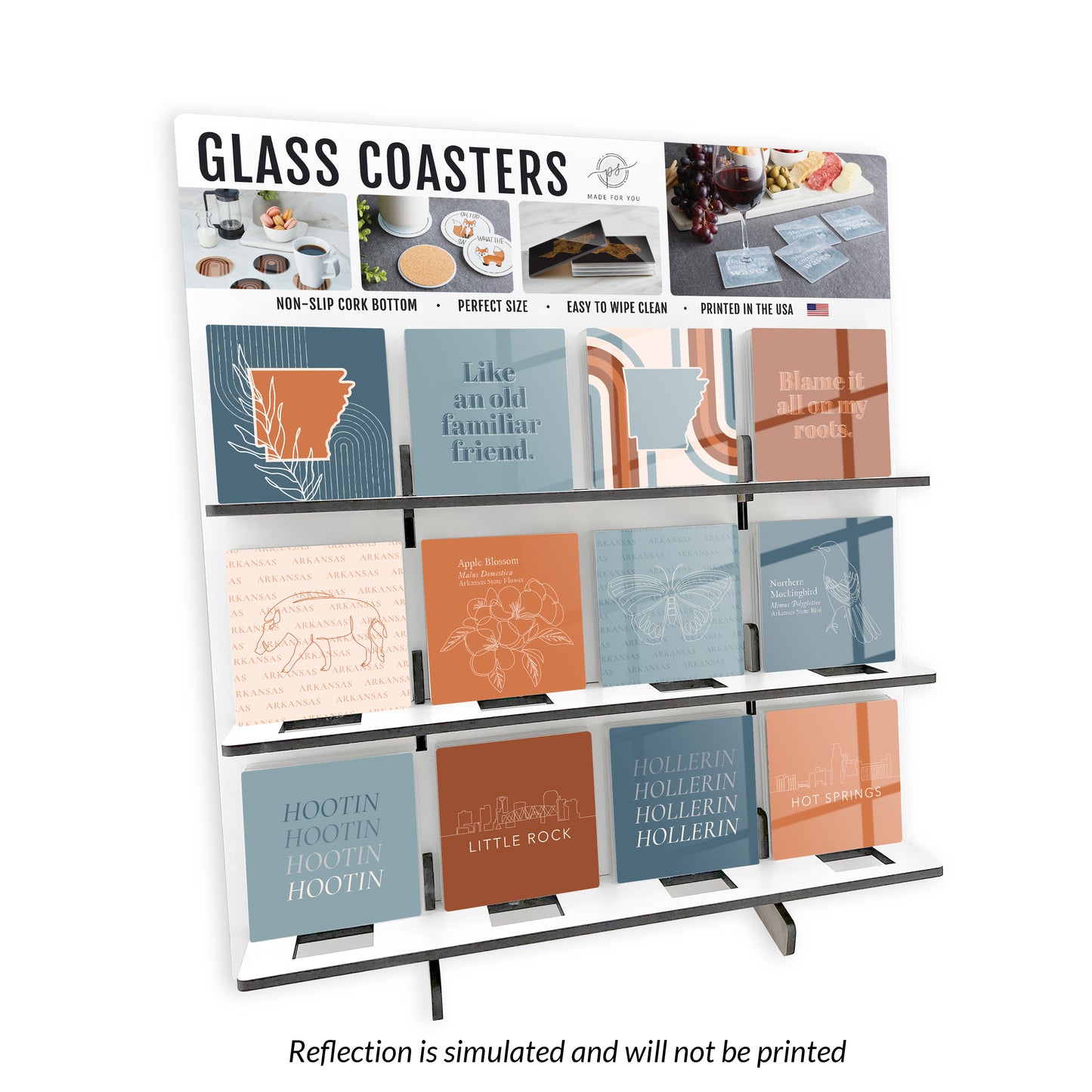 Modern Minimalist Arkansas Glass Square Coaster Loaded Display POP Min of 1