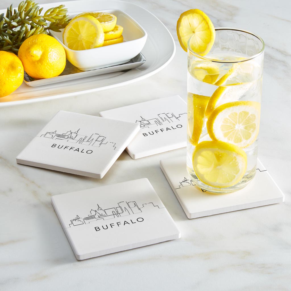 Minimalistic B&W New York Buffalo Skyline | Absorbent Coasters | Set of 4 | Min 2