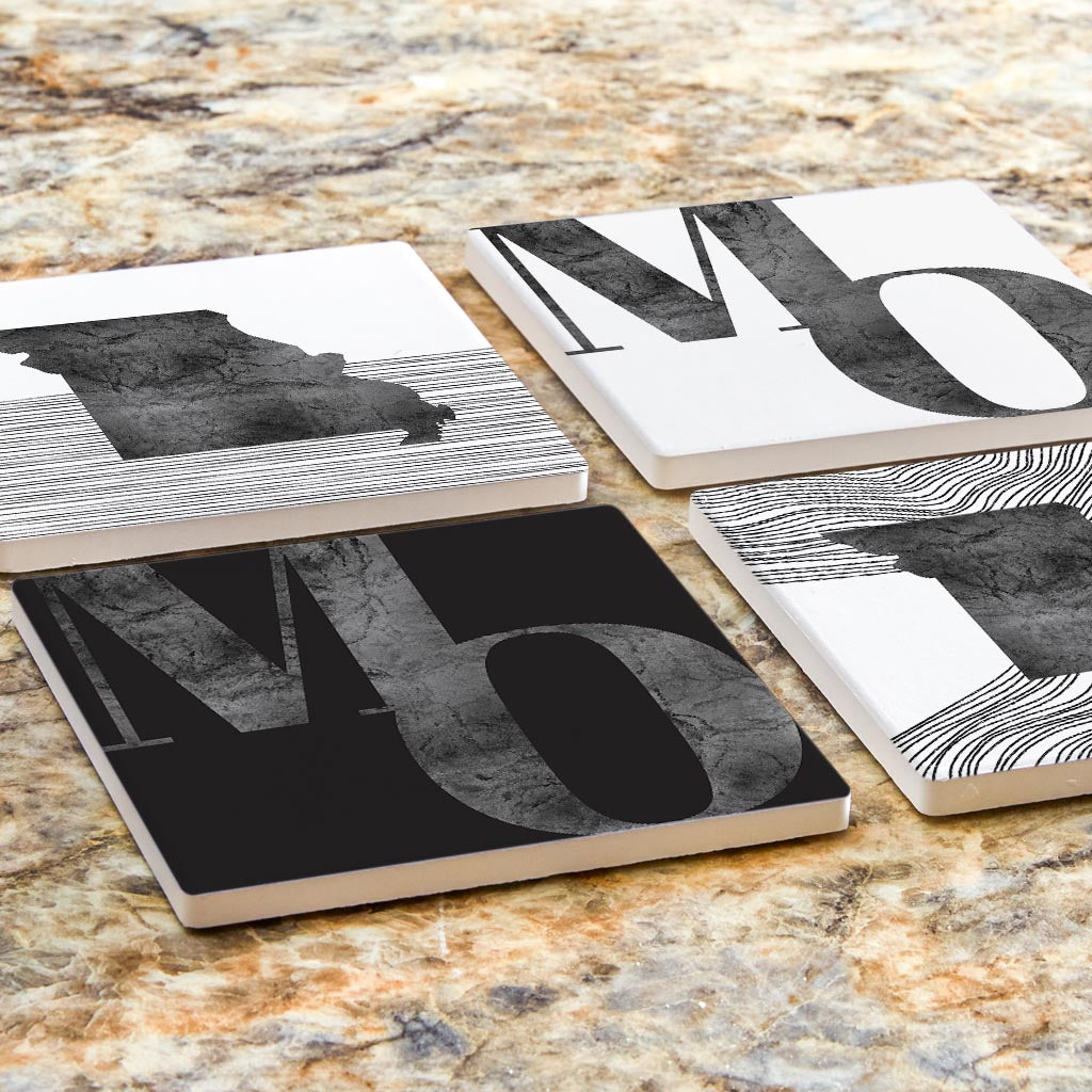 Minimalist B&W Missouri Initials State Shapes | Absorbent Coasters | Set of 4 | Min 2
