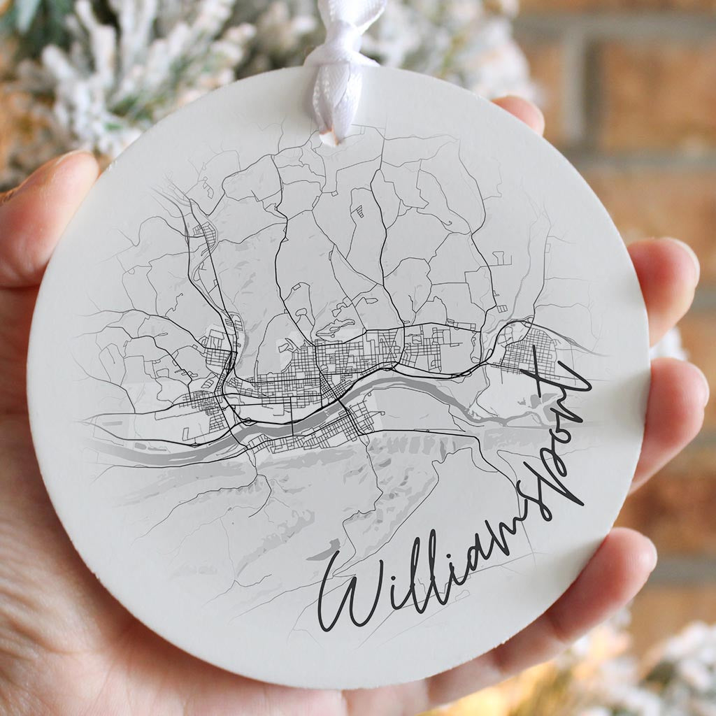 Minimalistic B&W Pennsylvania Williamsport Circle Map| Wood Ornament | Eaches | Min 6