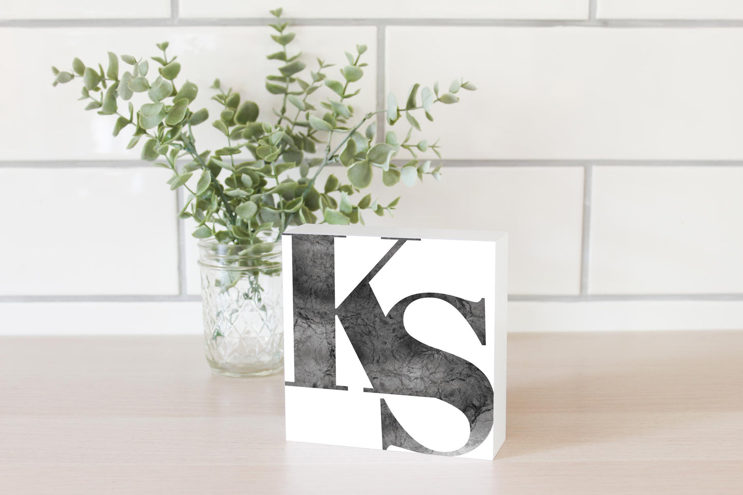 Minimalist B&W Kansas White Initials | Wood Block | Eaches | Min 4