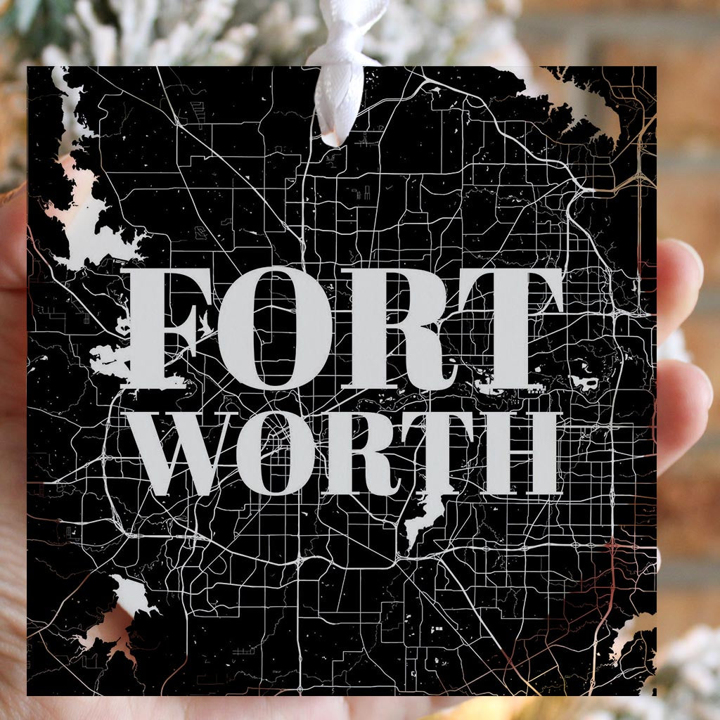 Minimalistic B&W Texas Fort Worth Map | Wood Ornament | Eaches | Min 6