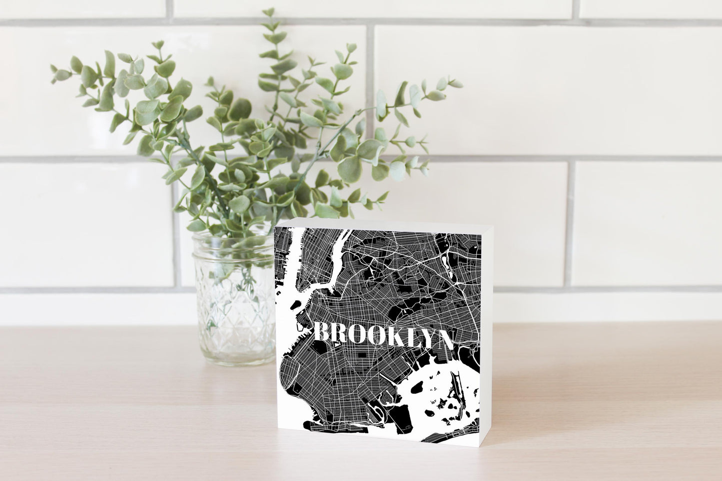 Minimalistic B&W New York Brooklyn Map | Wood Block | Eaches | Min 4