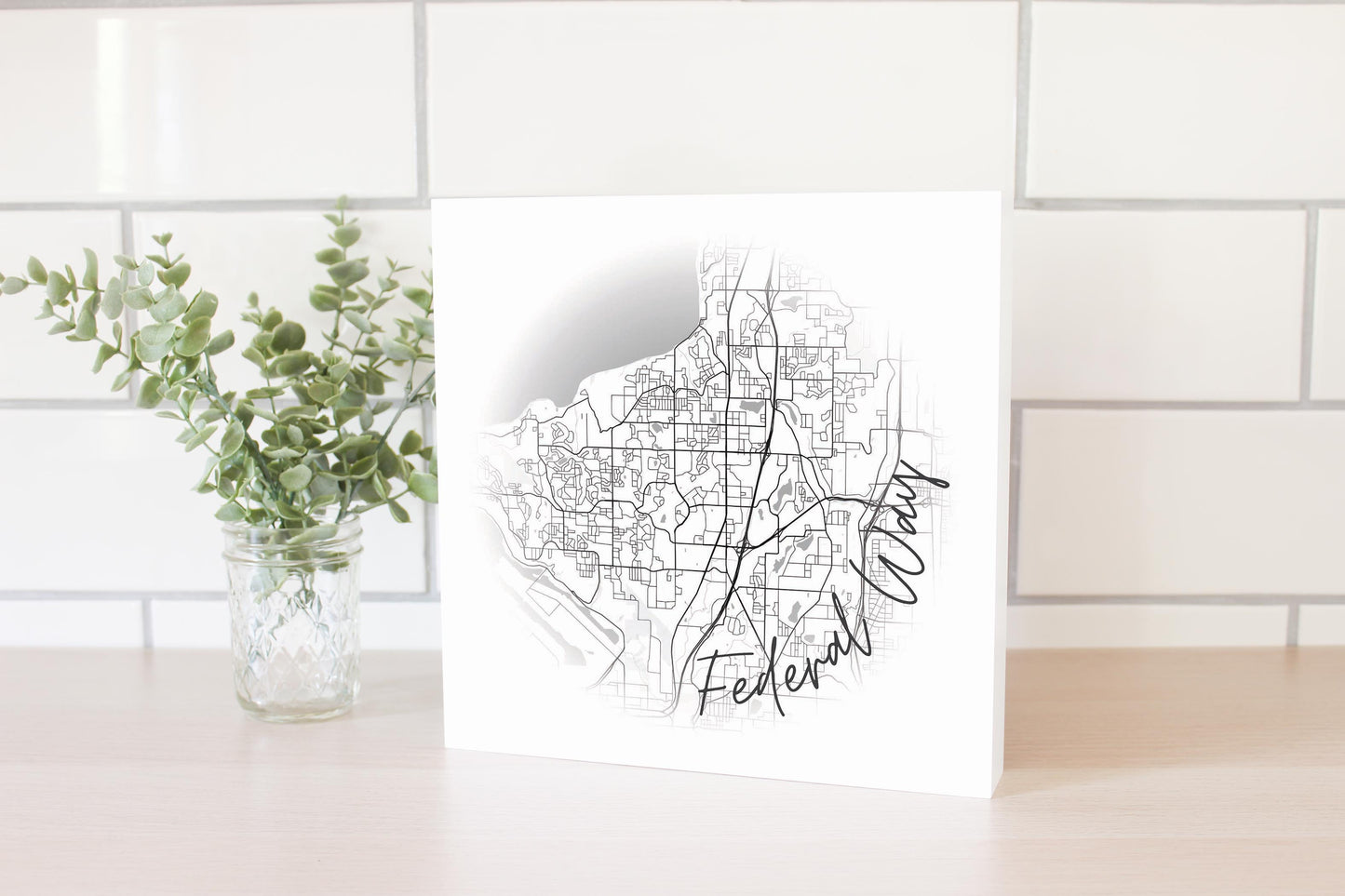Minimalistic B&W Washington Federal Way Circle Map | Wood Block | Eaches | Min 2