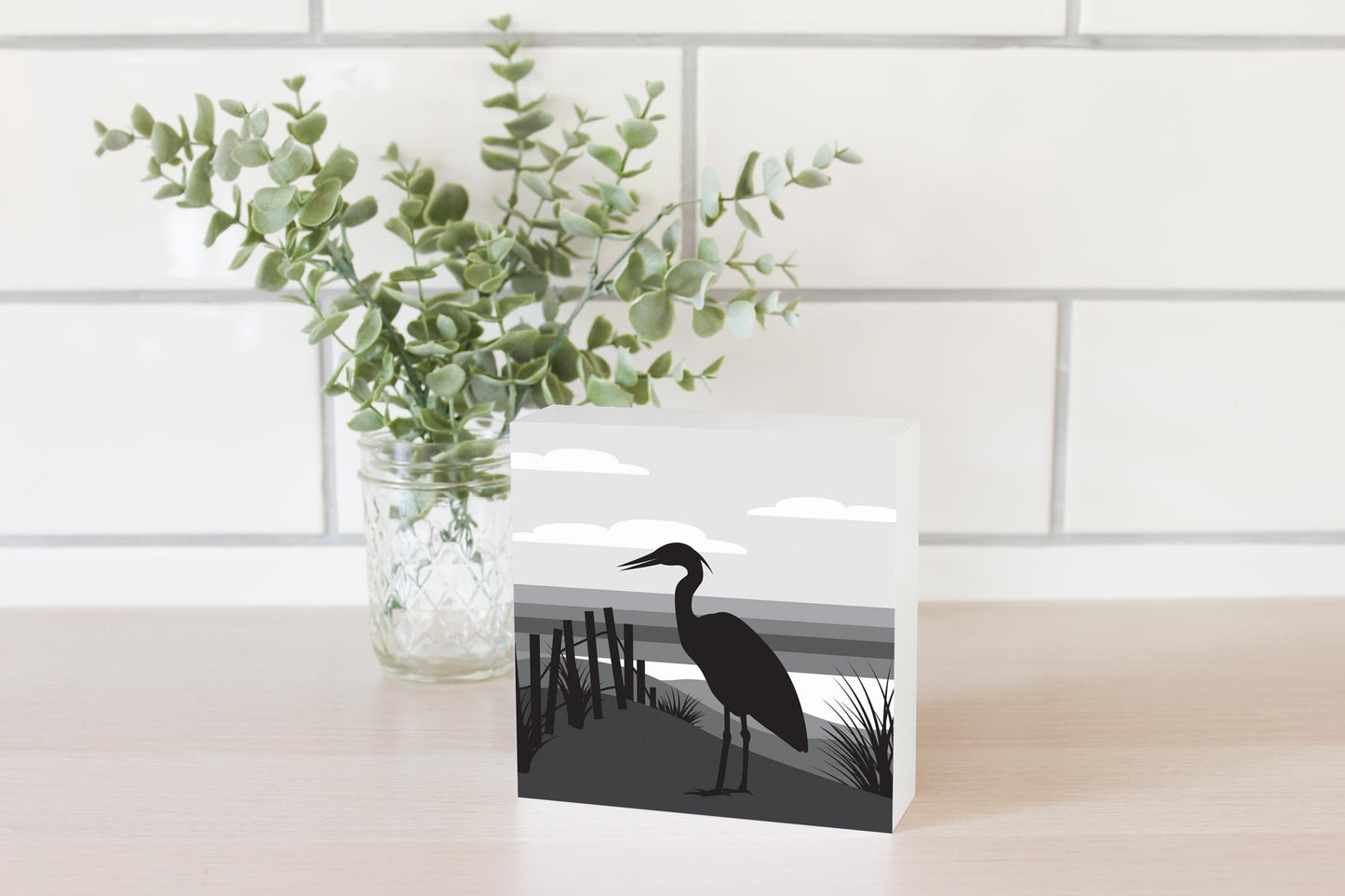 Minimalistic B&W Cape Cod Heron Illustration | Wood Block | Eaches | Min 4