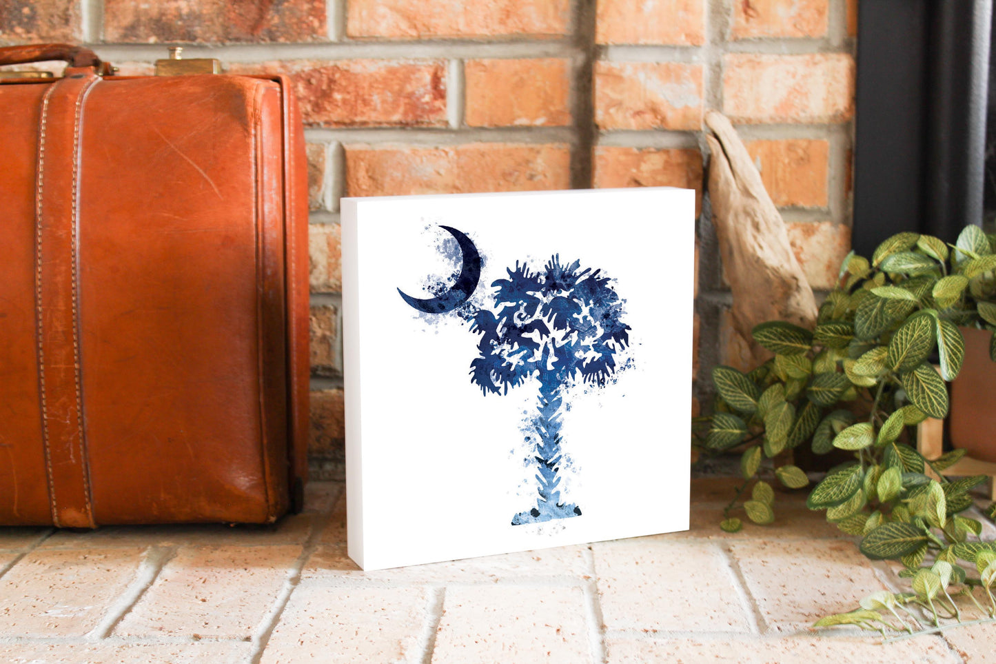 South Carolina Blue Water Color Palm Trees On White | Wood Block | Eaches | Min 2