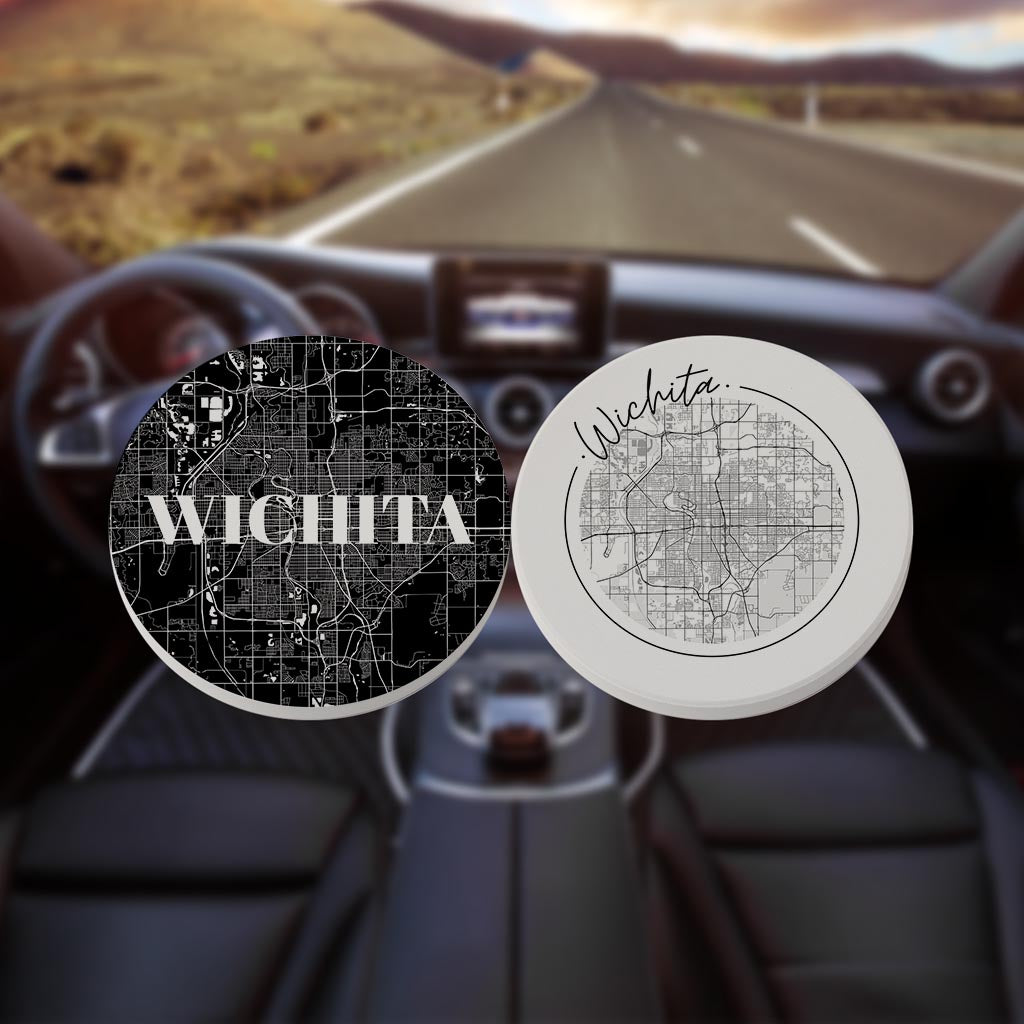 Minimalist B&W Kansas Wichita Maps| Absorbent Car Coasters | Set of 2 | Min 4