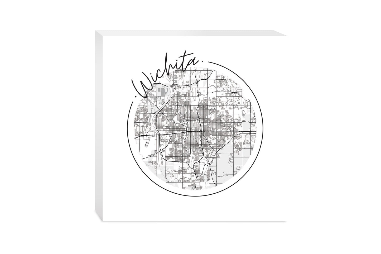 Minimalist B&W Kansas Wichita Circle Map | Wood Block | Eaches | Min 2