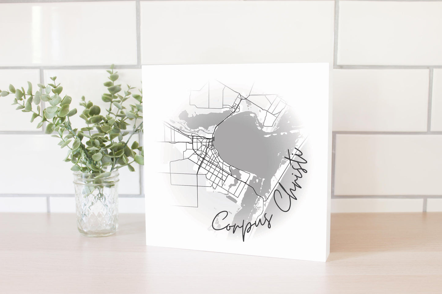 Minimalistic B&W Texas Corpus Christi Circle Map | Wood Block | Eaches | Min 2