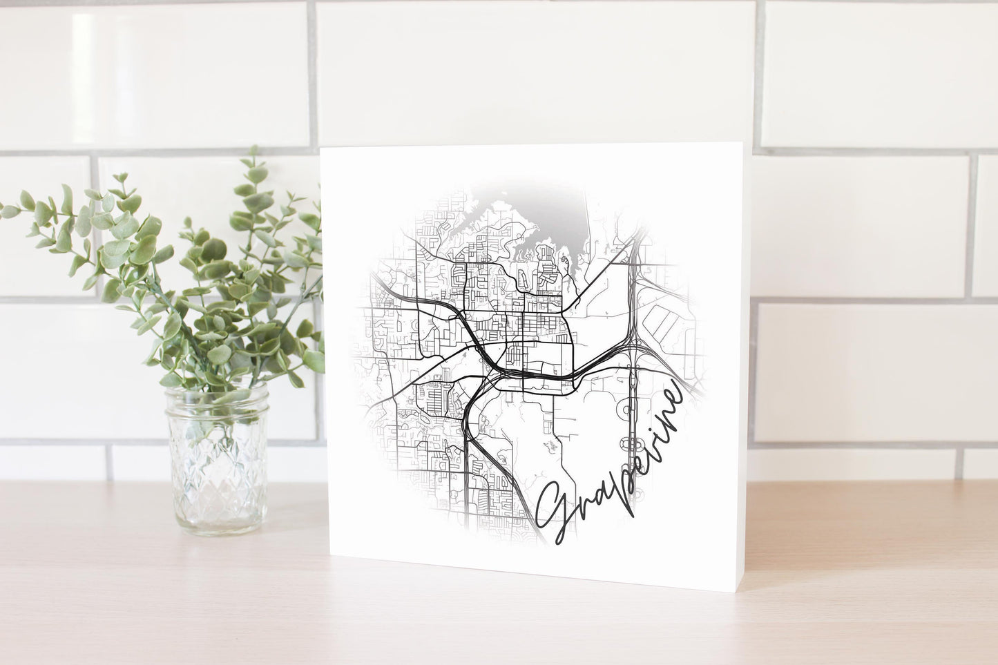 Minimalistic B&W Texas Grapevine Circle Map | Wood Block | Eaches | Min 2