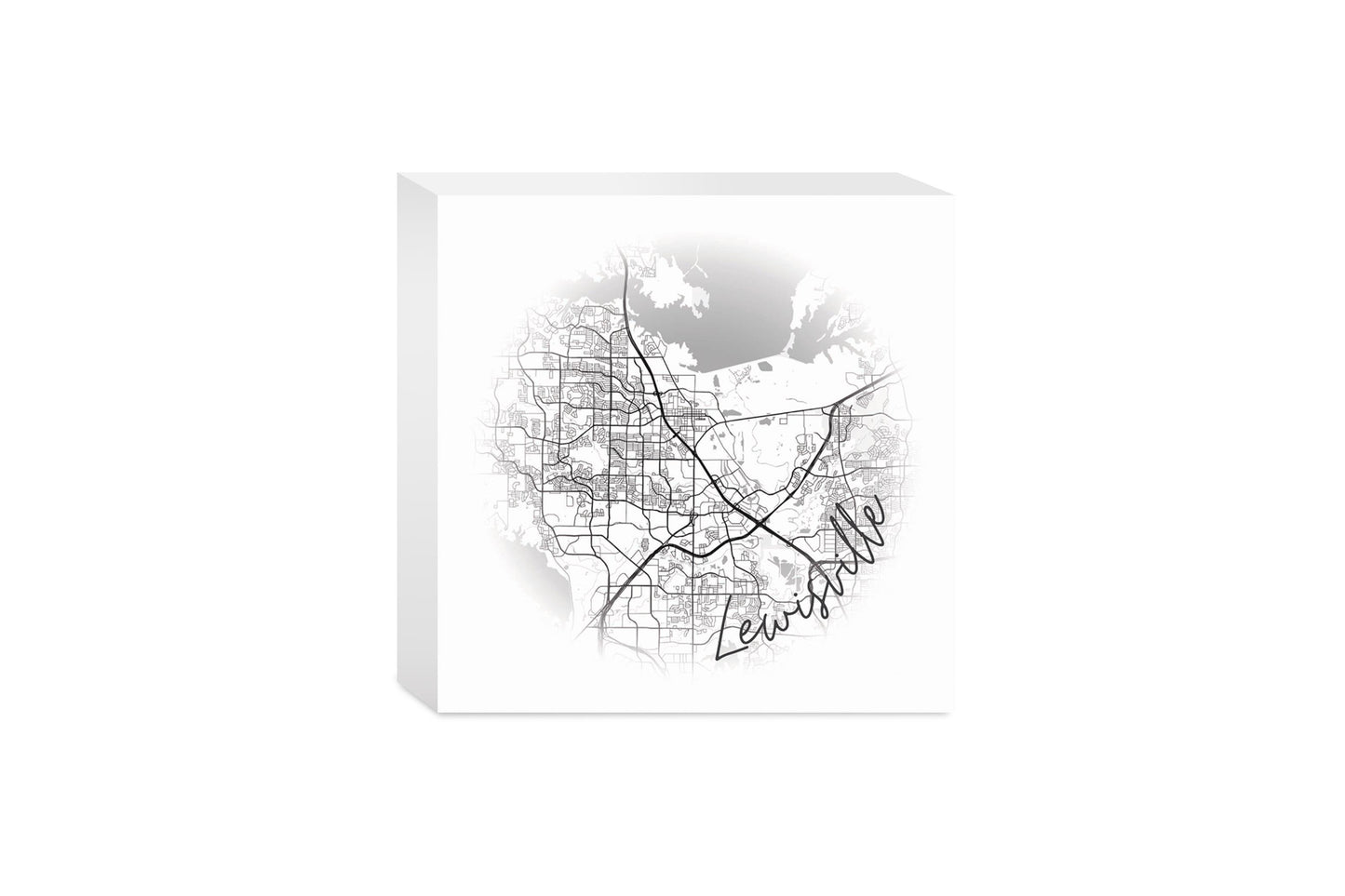 Minimalistic B&W Texas Lewisville Circle Map | Wood Block | Eaches | Min 4