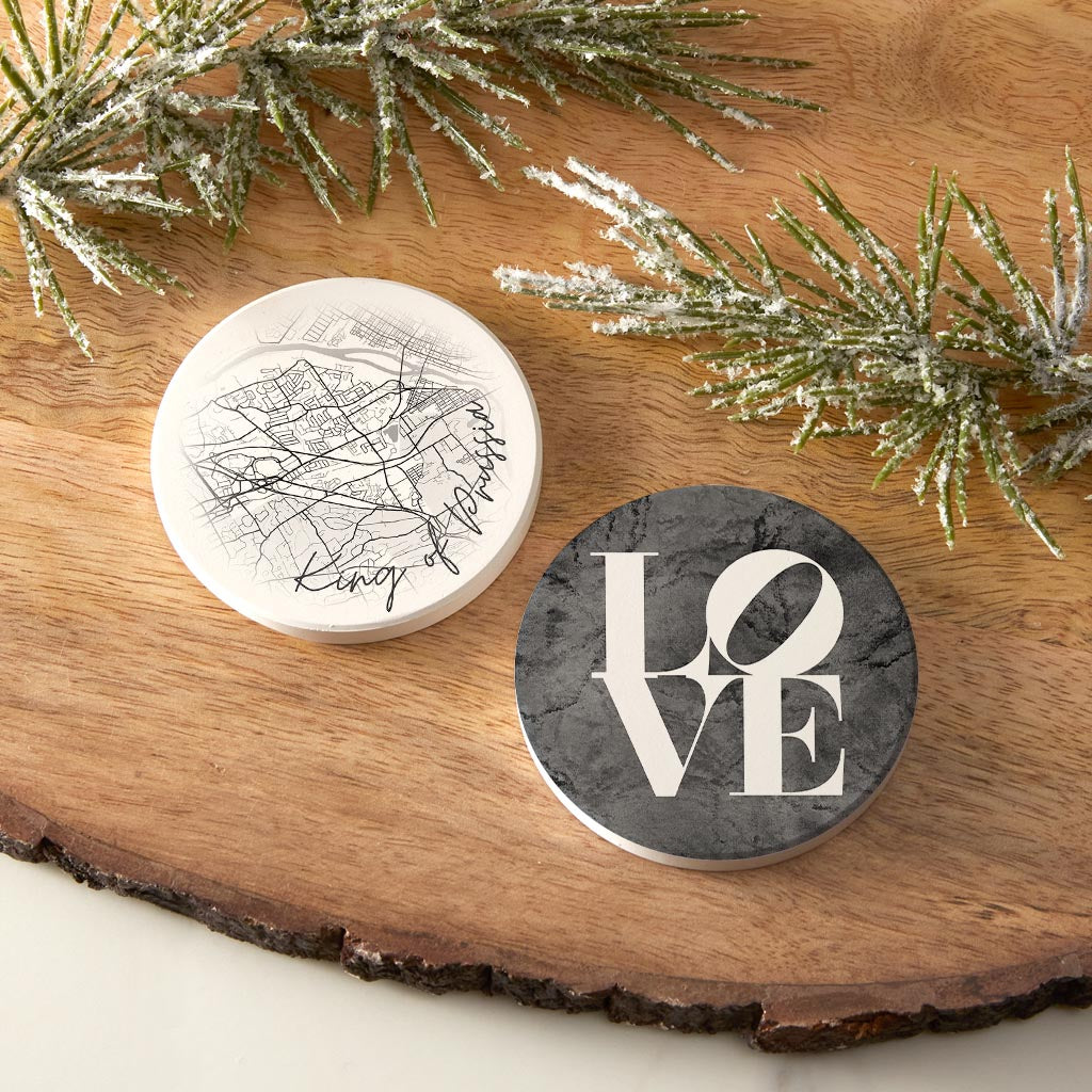 Minimalistic B&W Pennsylvania King Of Prussia Circle Love| Absorbent Car Coasters | Set of 2 | Min 4
