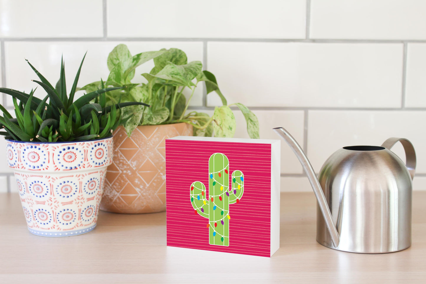 Bright Christmas Cactus | Wood Block | Eaches | Min 4