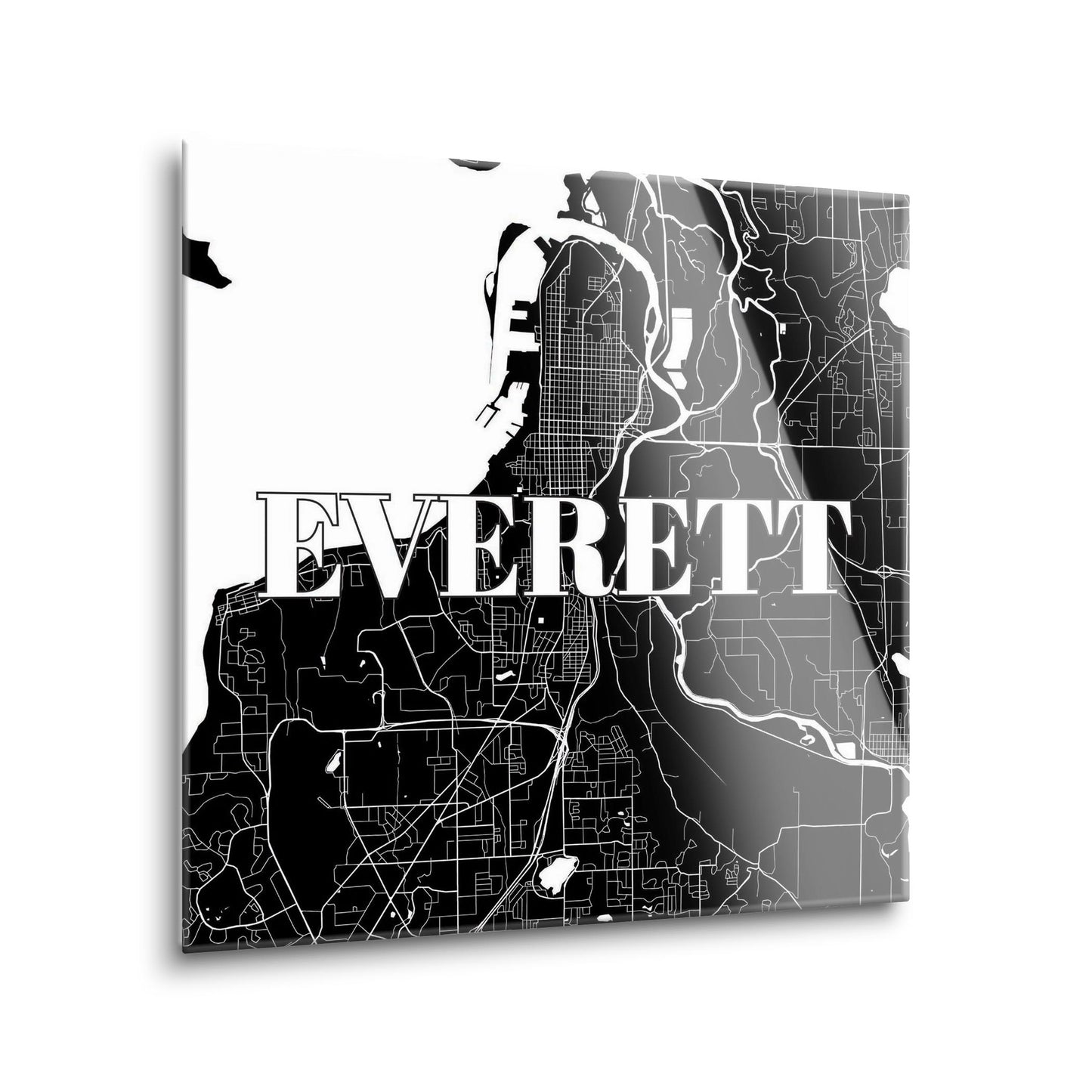 Minimalistic B&W Washington Everett Map | Hi-Def Glass Art | Eaches | Min 1
