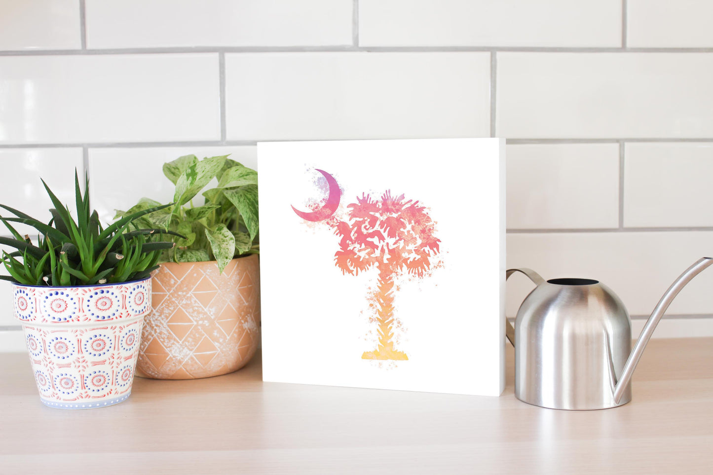 South Carolina Pink Water Color Palm Trees On White | Wood Block | Eaches | Min 2