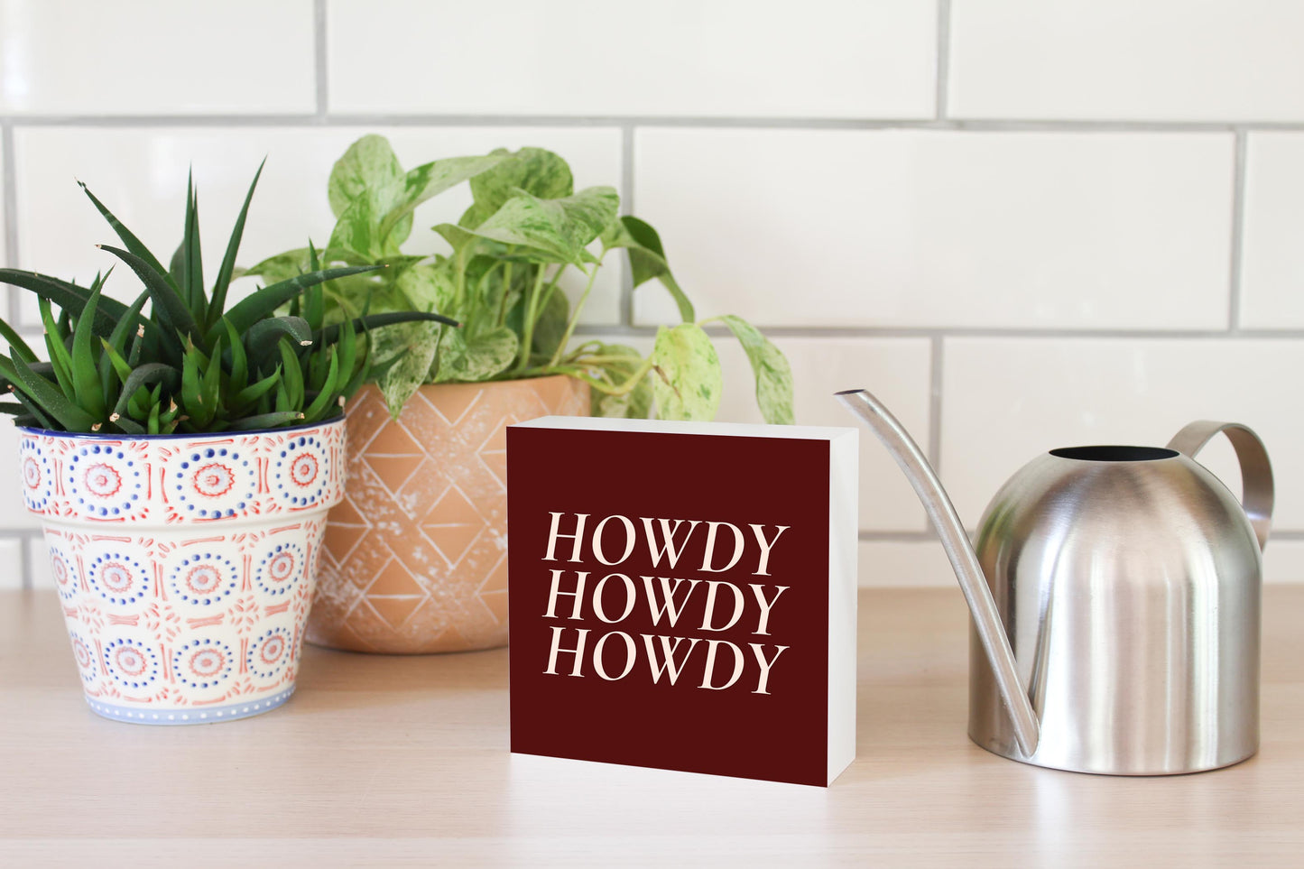 Modern Minimalist Texas Maroon Howdy | Wood Block | Eaches | Min 4