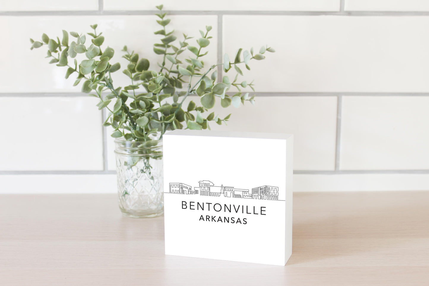 Minimalist B&W Arkansas Bentonville Skyline | Wood Block | Eaches | Min 4