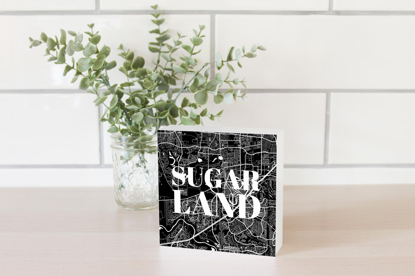 Minimalistic B&W Texas Sugarland Map | Wood Block | Eaches | Min 4