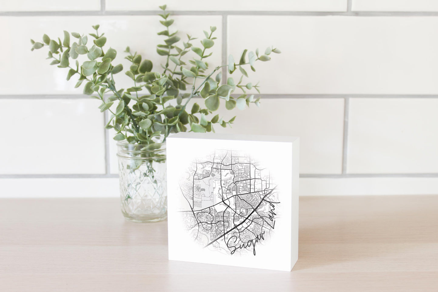 Minimalistic B&W Texas Sugarland Circle Map| Wood Block | Eaches | Min 4