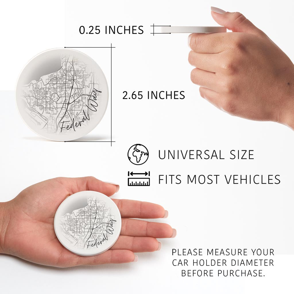 Minimalistic B&W Washington Federal Way Circle Map | Absorbent Car Coasters | Set of 2 | Min 4