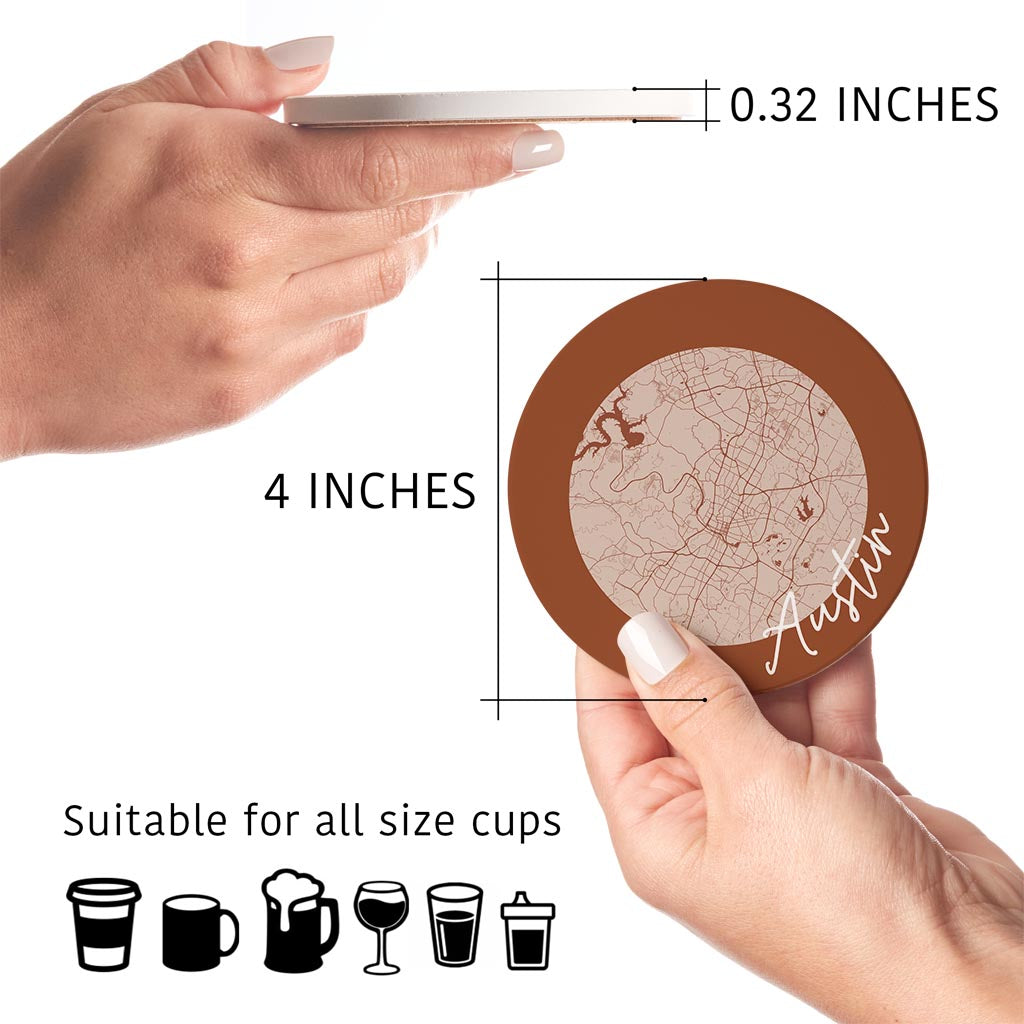 Modern Minimalist Texas Austin Circle Map | Absorbent Coasters | Set of 4 | Min 2