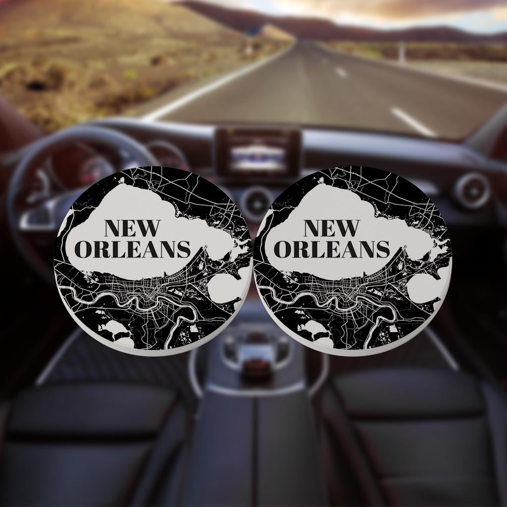 Modern Louisiana New Orleans Map | Absorbent Car Coasters | Set of 2 | Min 4