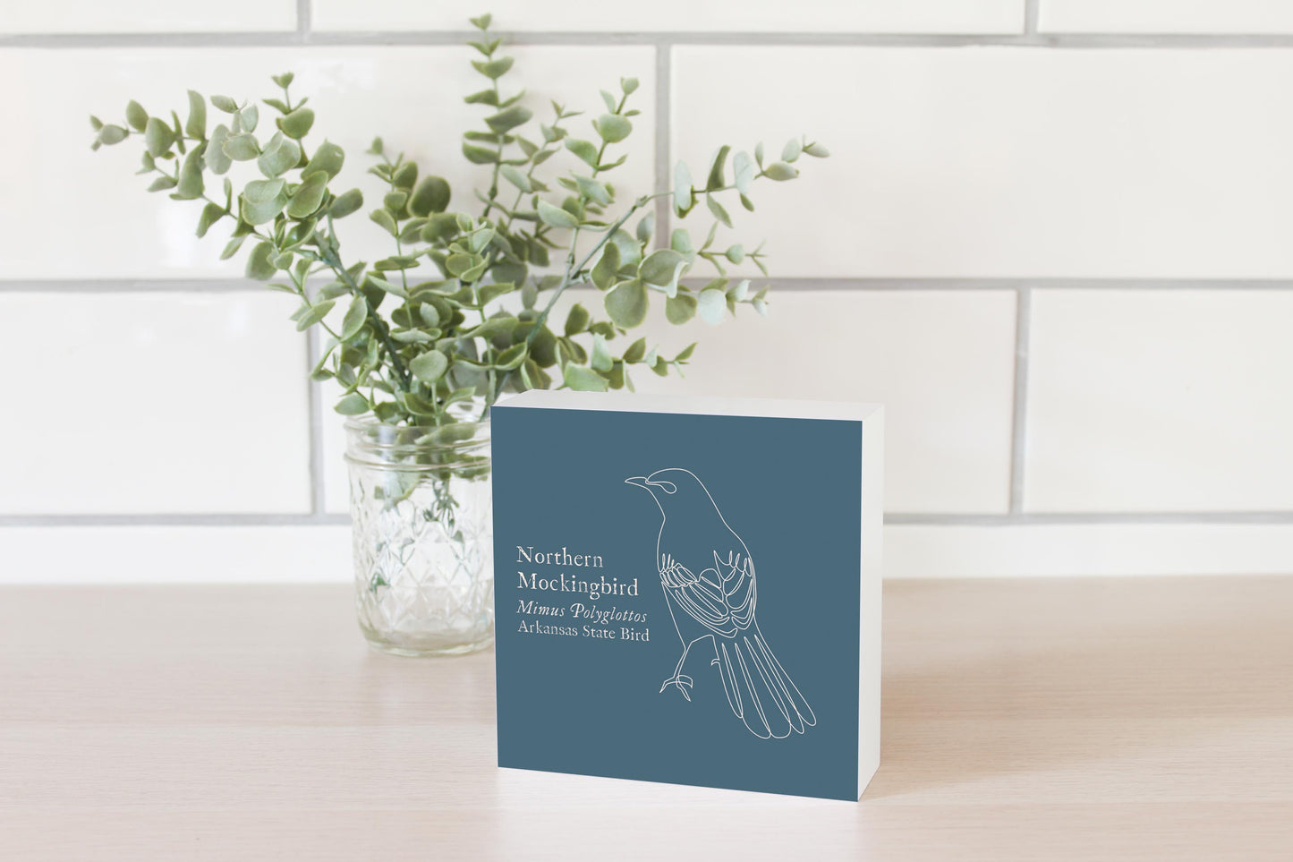 Modern Minimalist Arkansas Mockingbird | Wood Block | Eaches | Min 4